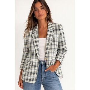 Abercrombie Women XL Plaid Tweed Blazer Jacket White Navy Green Preppy Classic